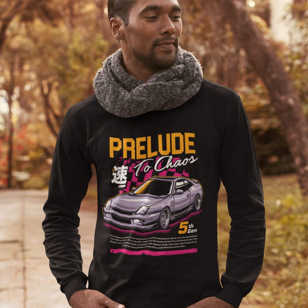 African American man wearing a Honda "Prelude to Chaos" long sleeve tshirt