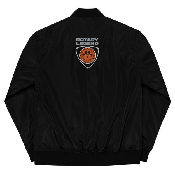 A Rotary Legend Premium Bomber Jacket with an orange logo on it.