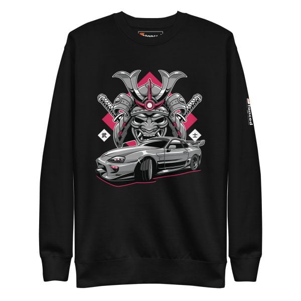 The Samurai" Toyota Supra MKIV Sweatshirt - Unisex Premium is a black sweatshirt with an image of a samurai car, specifically the Toyota Supra MKIV.