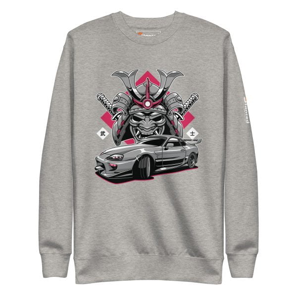 A grey "The Samurai" Toyota Supra MKIV Sweatshirt - Unisex Premium with an image of a samurai.