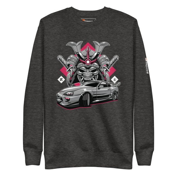 A sweatshirt featuring 'The Samurai' Toyota Supra MKIV and a samurai.
