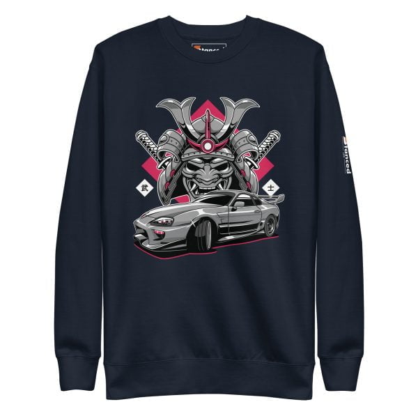 The Samurai" Toyota Supra MKIV Sweatshirt - Unisex Premium, featuring an image of a samurai alongside a Toyota Supra MKIV car.
