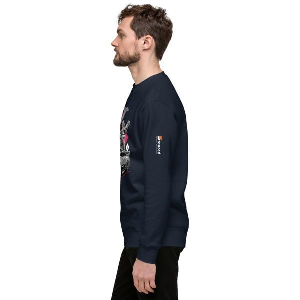 A "The Samurai" Toyota Supra MKIV sweatshirt - Unisex Premium wearing a navy sweatshirt.