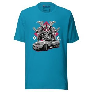 A blue Toyota Supra MKIV "The Samurai" unisex t-shirt featuring an image of a Toyota Supra MKIV with a demon.