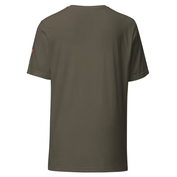 The back view of a men's olive green Toyota Supra MKIV "The Samurai" Unisex t-shirt.