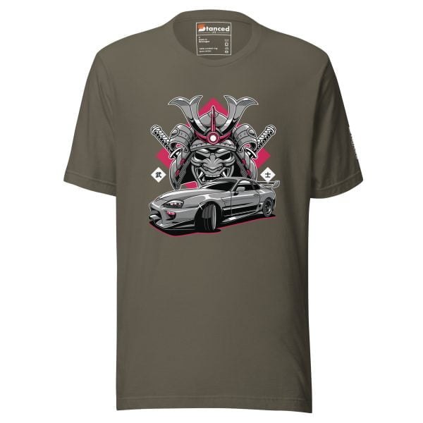 An Unisex t-shirt with an image of a Toyota Supra MKIV "The Samurai" car with a demon on it.