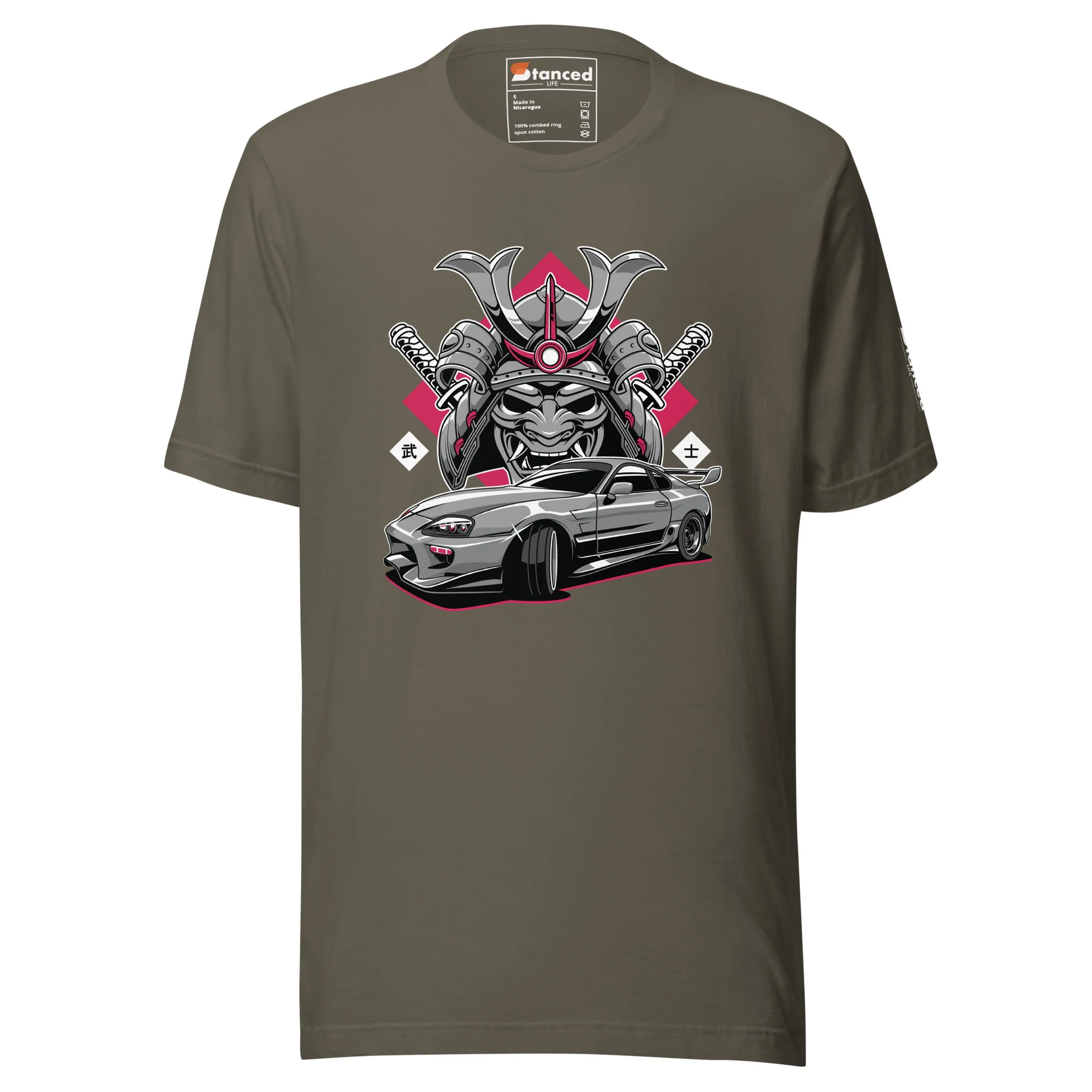 An Unisex t-shirt with an image of a Toyota Supra MKIV "The Samurai" car with a demon on it.