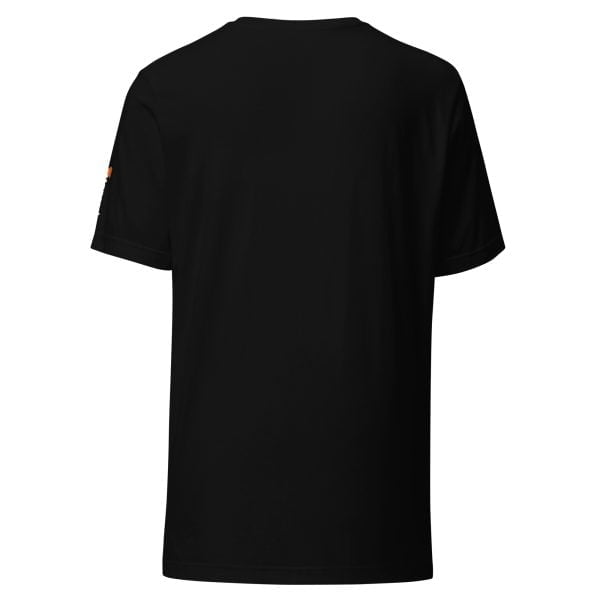 The back view of a black unisex Toyota Supra MKIV "The Samurai" t-shirt with an orange logo featuring the Toyota Supra MKIV.