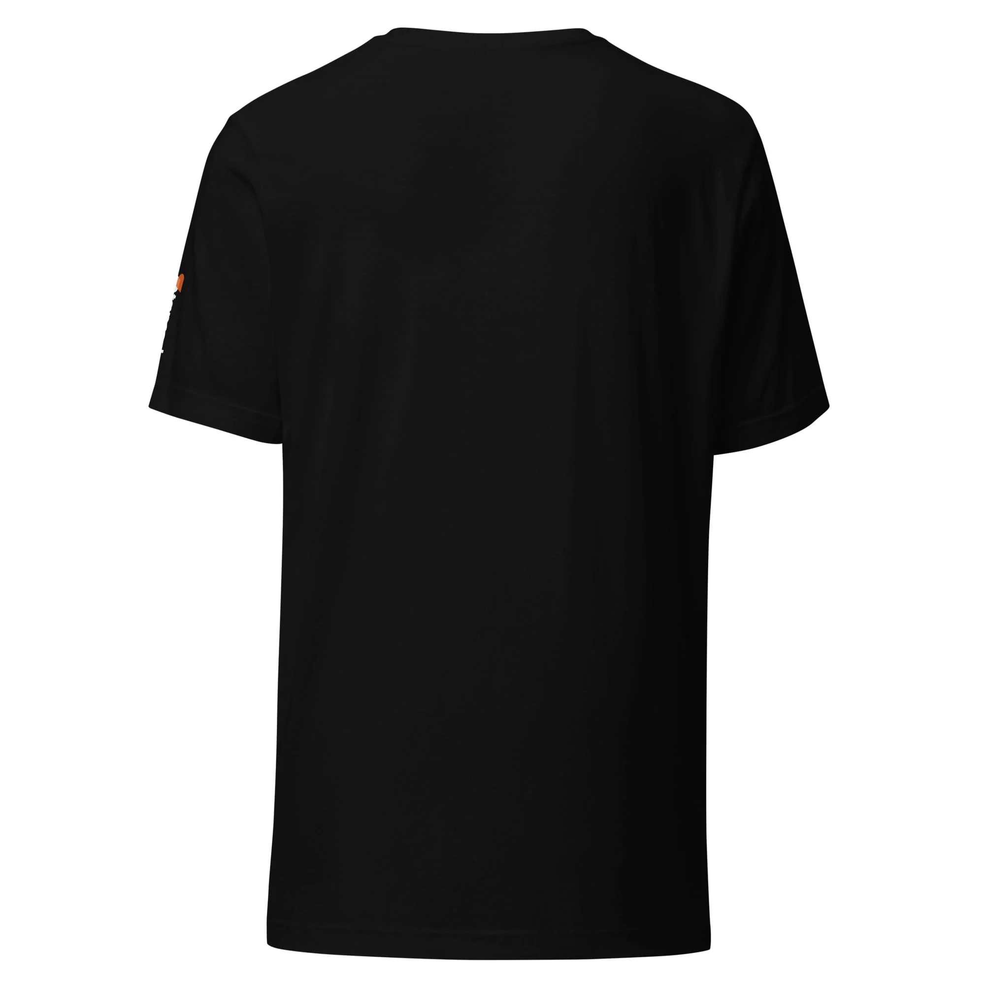 The back view of a black unisex Toyota Supra MKIV "The Samurai" t-shirt with an orange logo featuring the Toyota Supra MKIV.