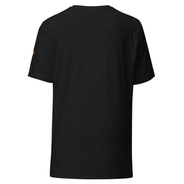The back view of a Toyota Supra MKIV "The Samurai" unisex t-shirt featuring an orange logo featuring a Samurai.