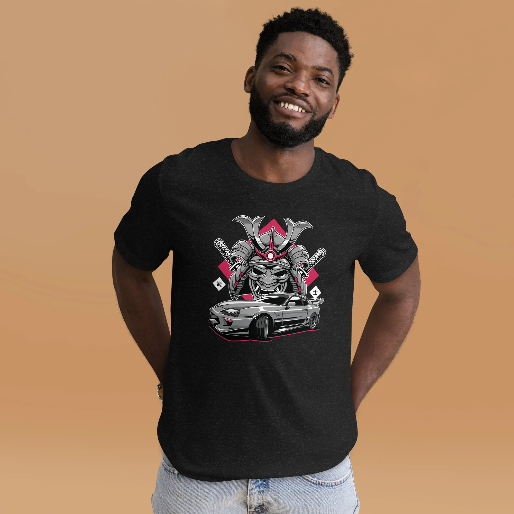 A man wearing a black "Toyota Supra MKIV 'The Samurai'" unisex t-shirt design.