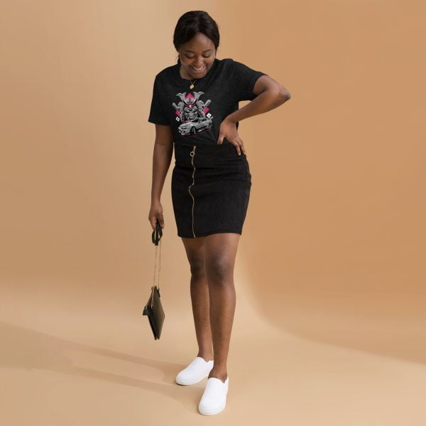 A woman wearing a Toyota Supra MKIV "The Samurai" unisex t-shirt and skirt.