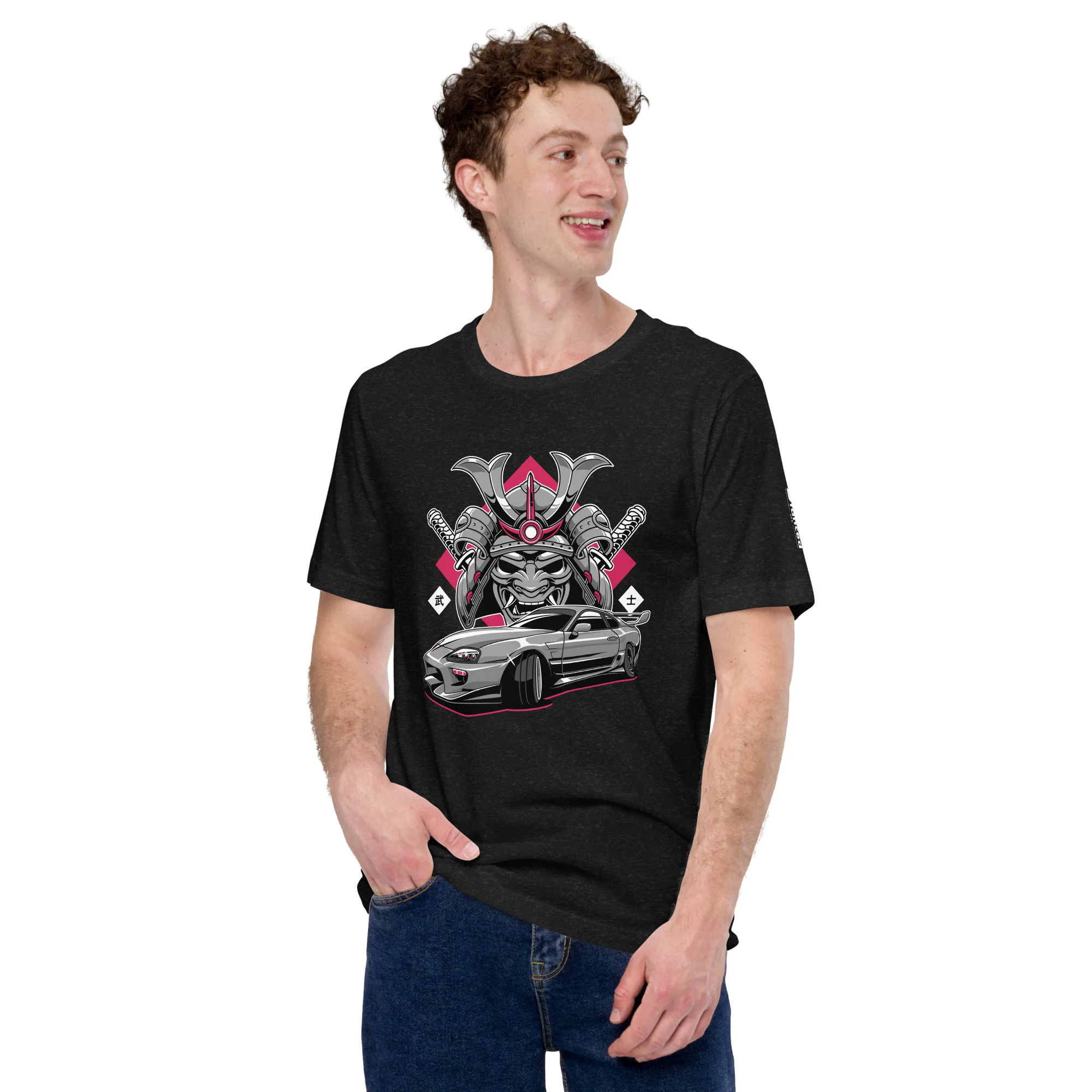 A man wearing a black Toyota Supra MKIV "The Samurai" Unisex t-shirt.