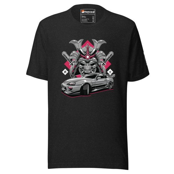 A black Toyota Supra MKIV "The Samurai" unisex t-shirt for Toyota enthusiasts, featuring an image of a car and a samurai.