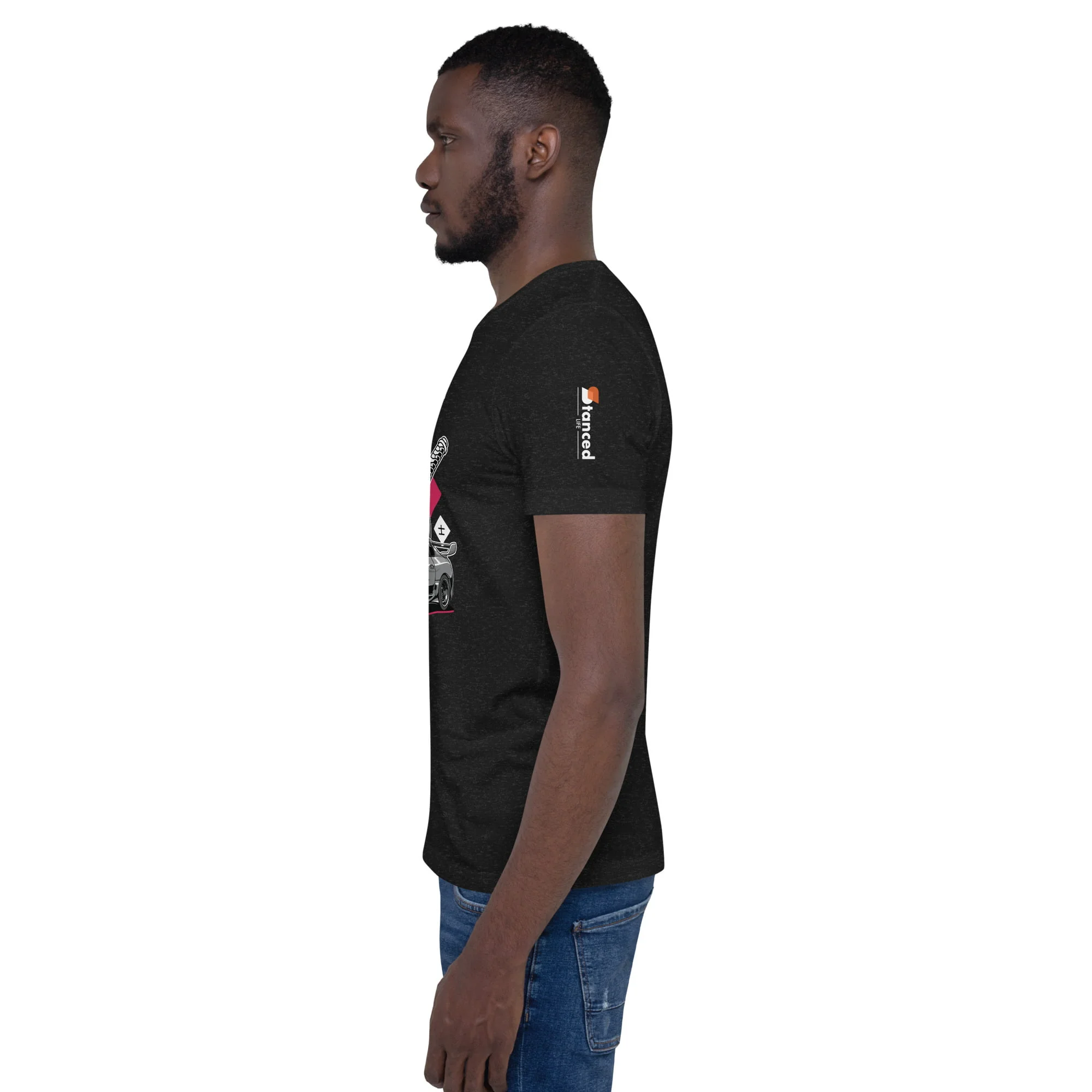 The back of a man wearing a Toyota Supra MKIV "The Samurai" unisex black t-shirt.