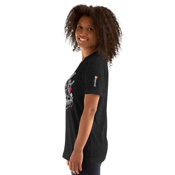 A woman wearing a Toyota Supra MKIV "The Samurai" Unisex t-shirt reminiscent of a samurai's armor.