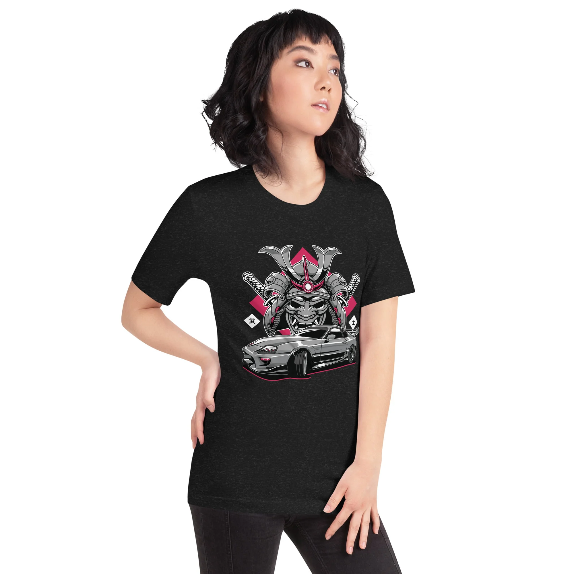 A woman wearing a Toyota Supra MKIV "The Samurai" Unisex t-shirt.