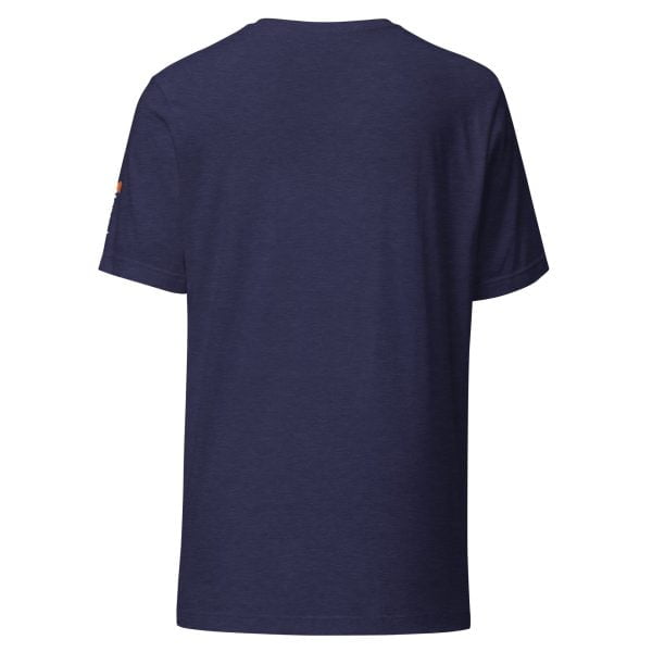 The back view of a blue Toyota Supra MKIV "The Samurai" Unisex t-shirt with an orange logo.