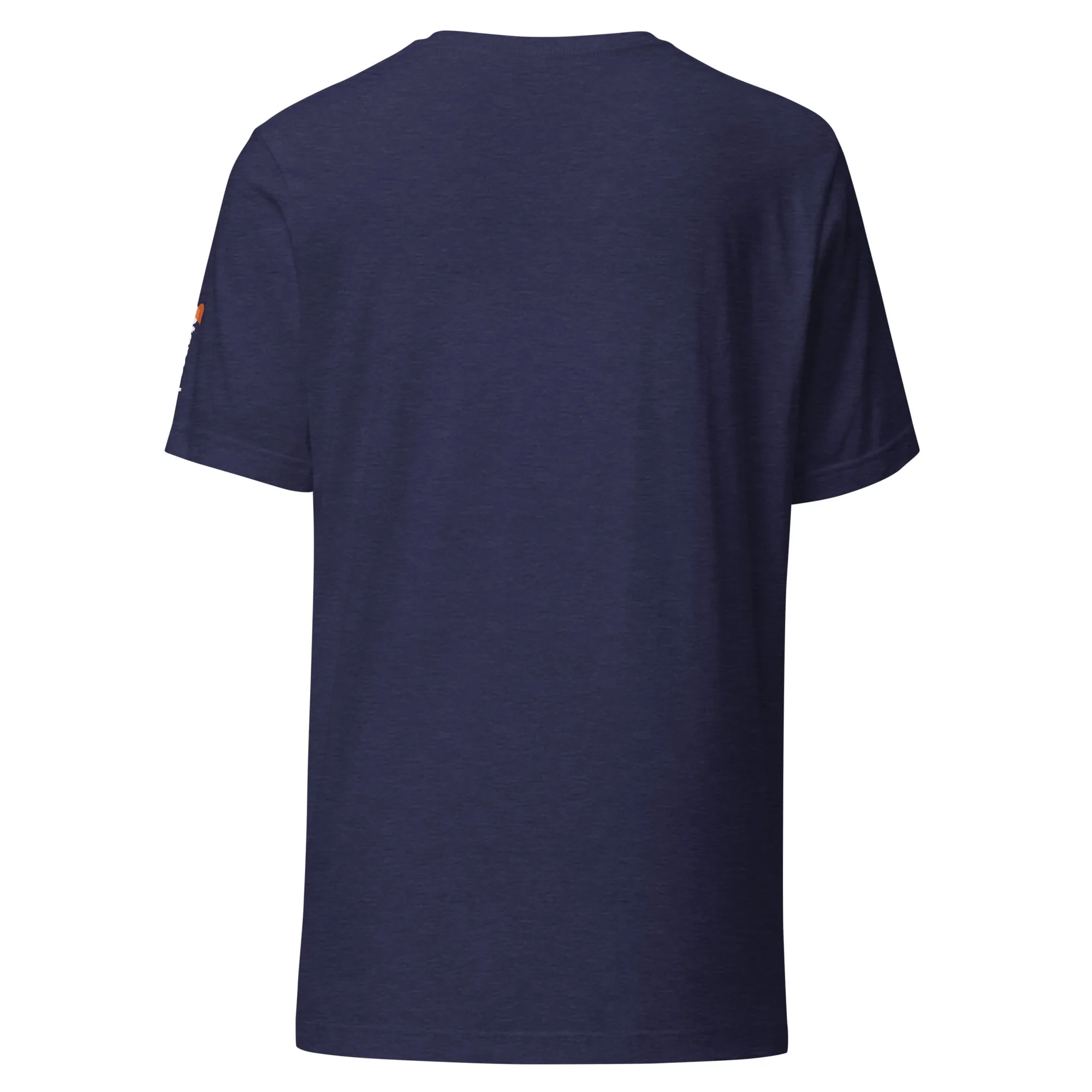 The back view of a blue Toyota Supra MKIV "The Samurai" Unisex t-shirt with an orange logo.