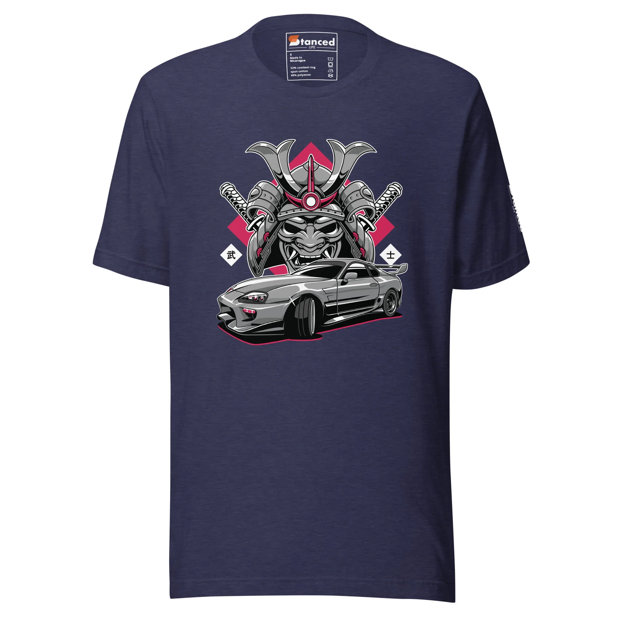 This Toyota Supra MKIV "The Samurai" Unisex t-shirt features an image adorned with a striking demon design.
