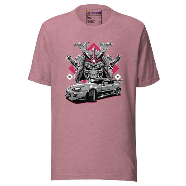 A unisex pink Toyota Supra MKIV "The Samurai" t-shirt featuring an image of a Toyota Supra MKIV with a wicked demon design.