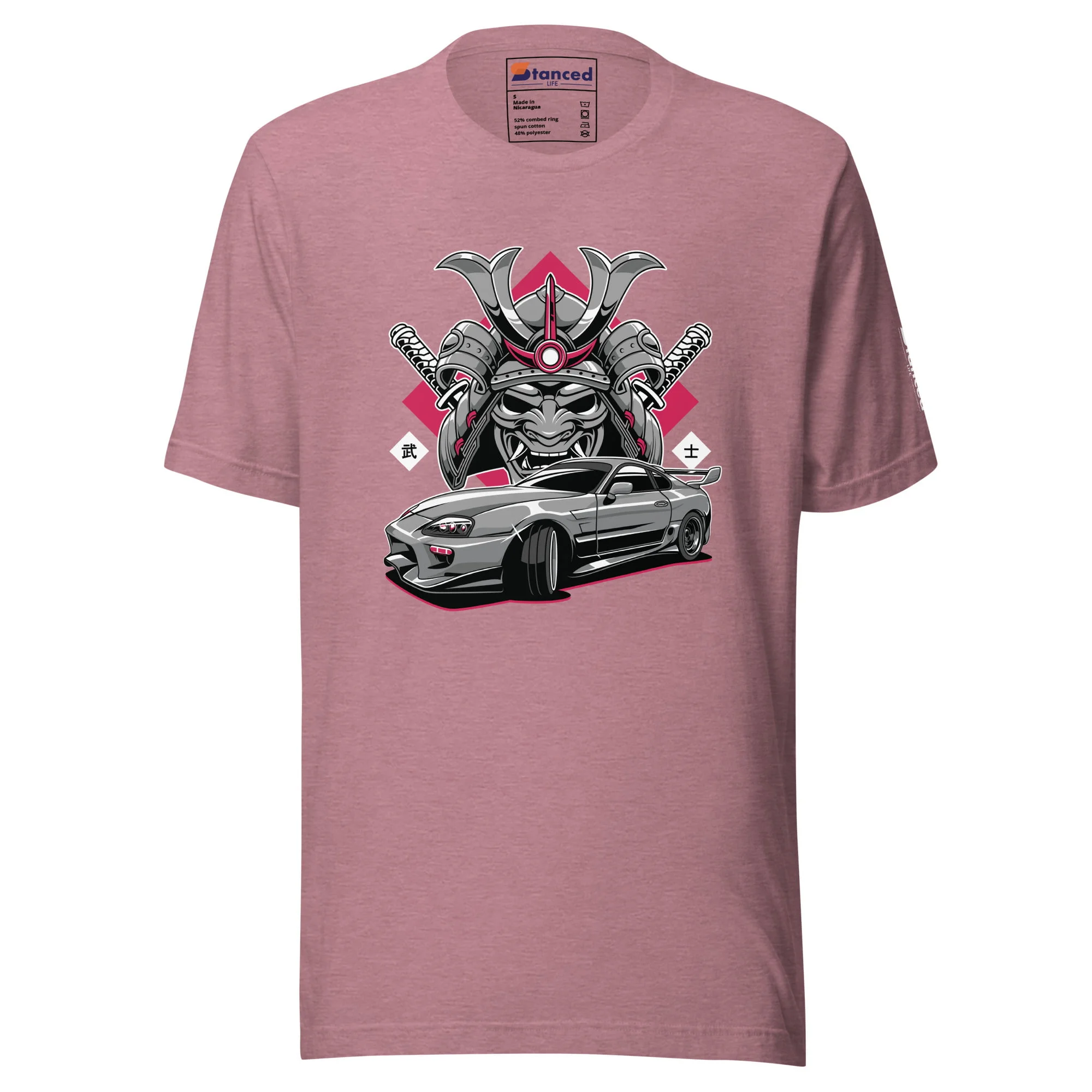 A unisex pink Toyota Supra MKIV "The Samurai" t-shirt featuring an image of a Toyota Supra MKIV with a wicked demon design.
