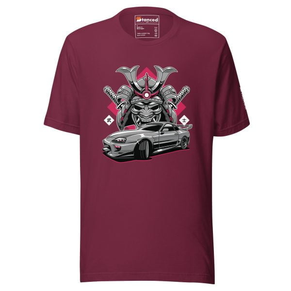 A Unisex Toyota Supra MKIV "The Samurai" t-shirt in maroon with an image of the samurai car.