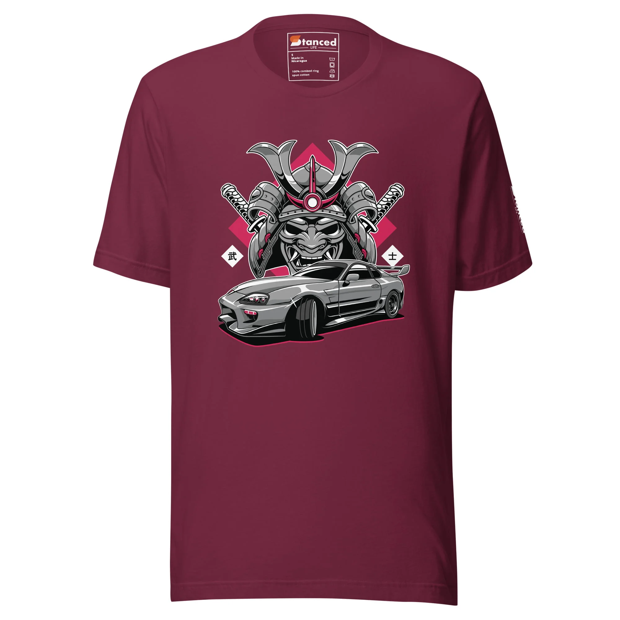 A Unisex Toyota Supra MKIV "The Samurai" t-shirt in maroon with an image of the samurai car.