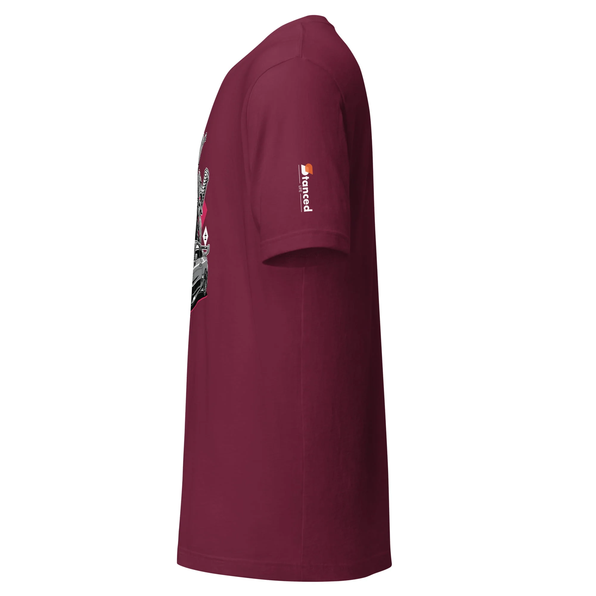 A burgundy Toyota Supra MKIV "The Samurai" t-shirt with an image of The Samurai riding a horse.