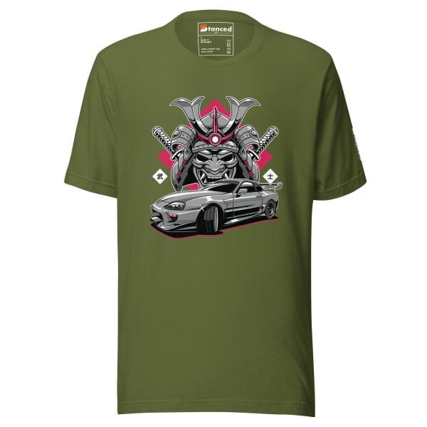 A Toyota Supra MKIV "The Samurai" unisex t-shirt, with an image of The Samurai car, inspired by the Toyota Supra MKIV.