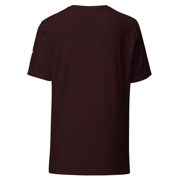 The back view of a Toyota Supra MKIV "The Samurai" unisex t-shirt with an orange logo.