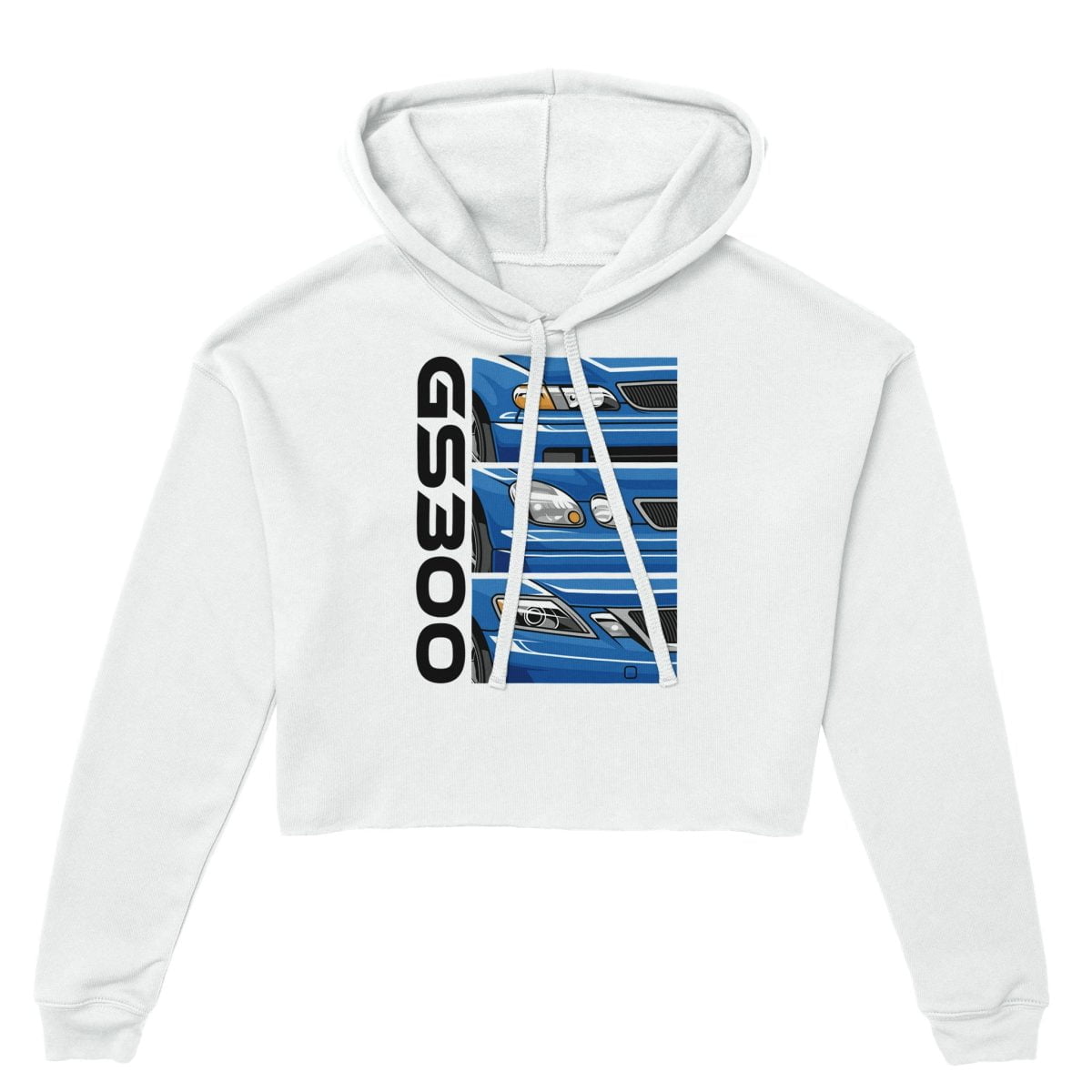 A Lexus GS300 JZS161 Generations Women's Cropped Hoodie | Bella + Canvas 7502 featuring a blue car design inspired by the Lexus GS300 JZS161 Generations.