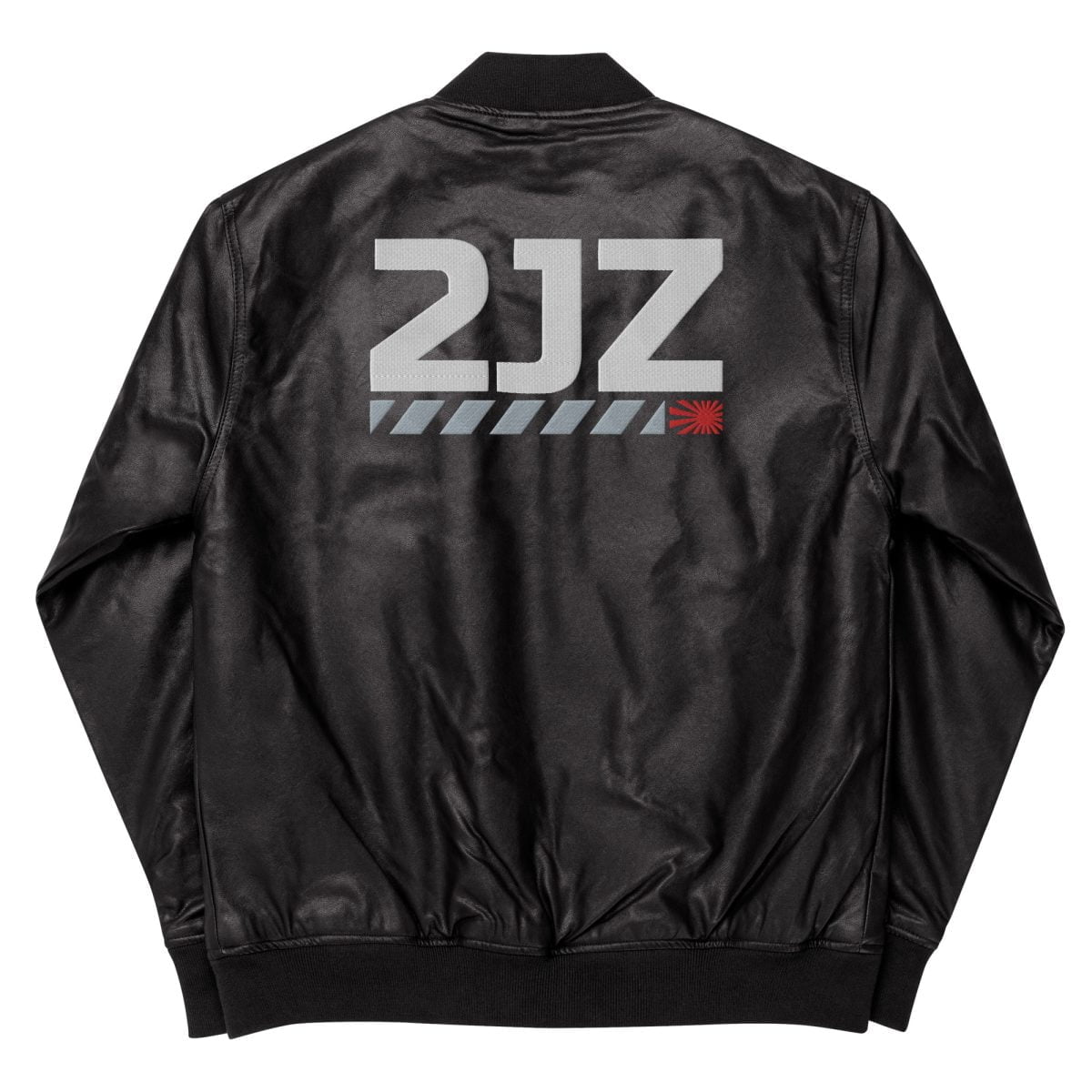 A black StancedLife 2JZ Leather Bomber Jacket with white text on it | StancedLife