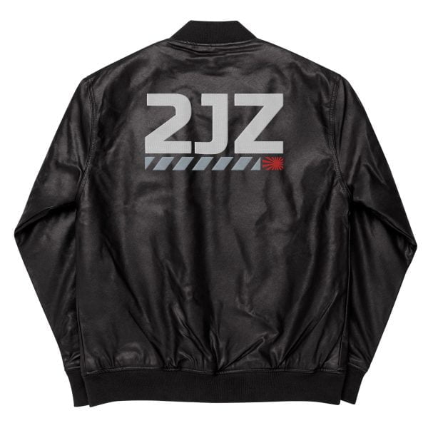 A black StancedLife "2JZ" Leather Bomber Jacket with white text on it.