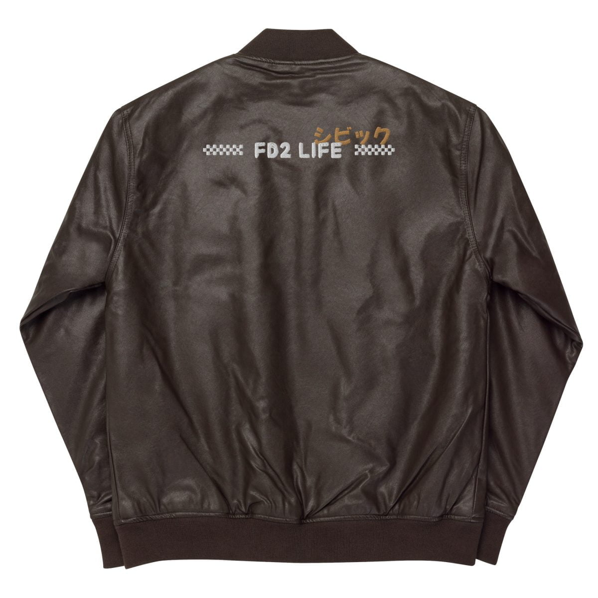 A StancedLife Honda Civic FD2 Life leather bomber jacket with white text on it perfect for the StancedLife enthusiast | StancedLife