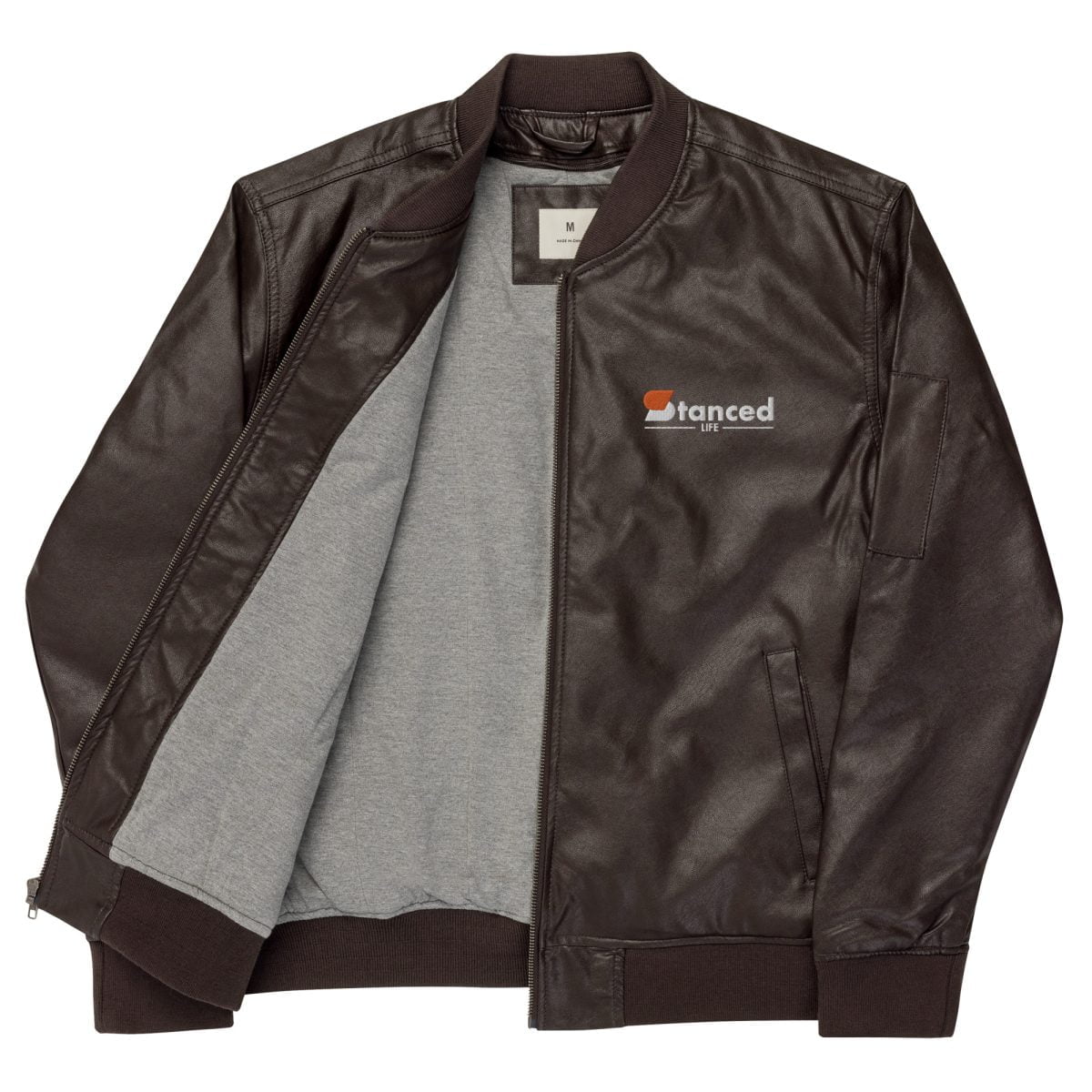 A StancedLife 2JZ Leather Bomber Jacket with a StancedLife logo on it | StancedLife