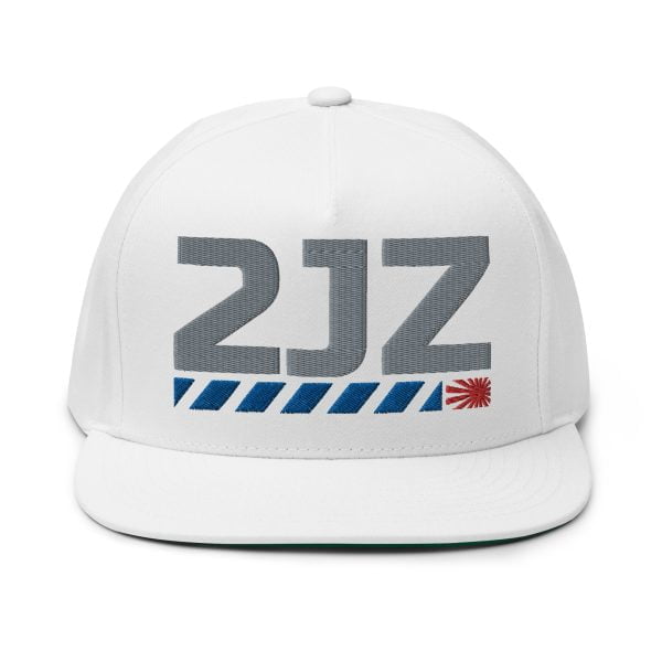 A 2JZ Snap-back Flat Bill Cap with grey and blue text.