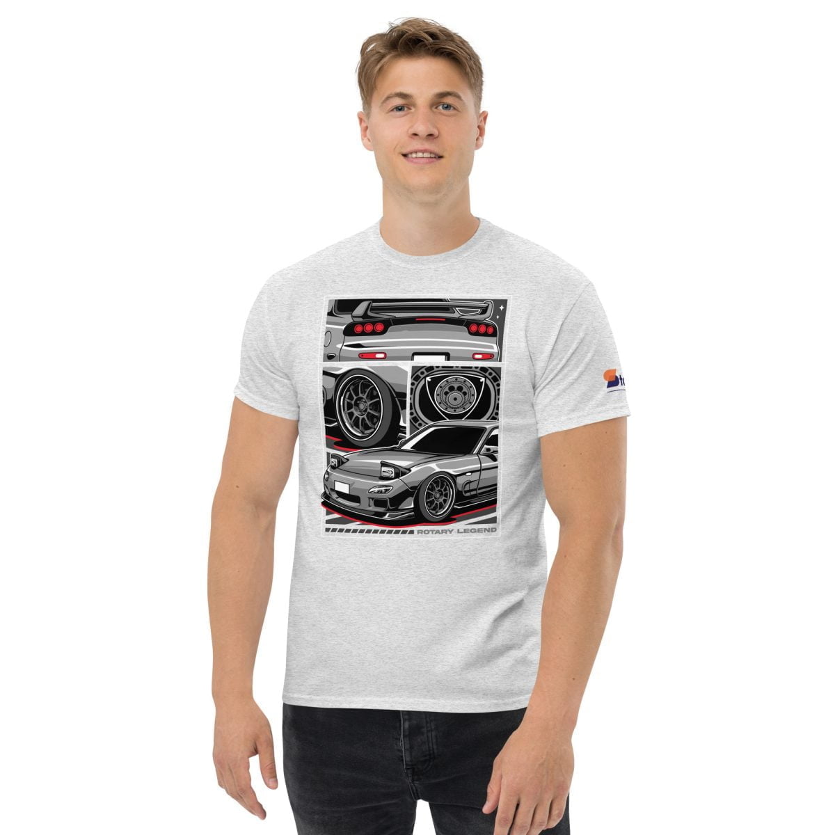 A man wearing a white 3rd Gen Mazda RX 7 Rotary Legend Mens Classic T shirt | StancedLife