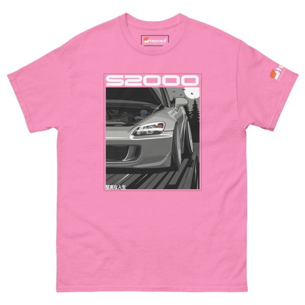 A Honda S2000 Men's Graphic T-shirt featuring the iconic Honda S2000 on a pink backdrop.