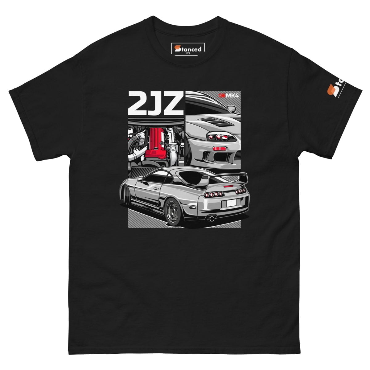 A black t shirt featuring an image of a Toyota Supra MKIV 2JZ Mens classic tee | StancedLife