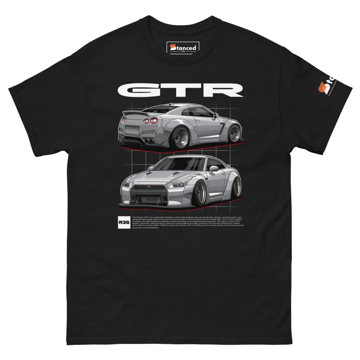 A Nissan GTR R35 Mens Graphic T shirt with a picture of a Nissan GTR R35 car | StancedLife