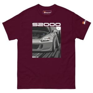 A maroon Honda S2000 Men's Graphic T-shirt with the word S2000 on it.