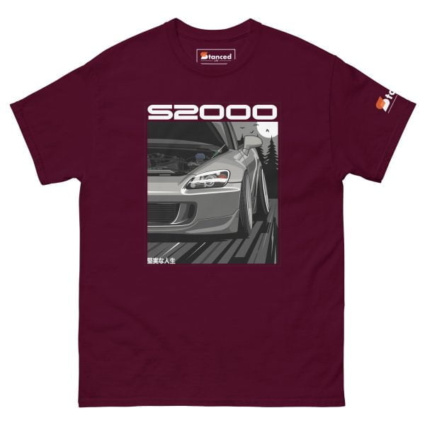 A maroon Honda S2000 Men's Graphic T-shirt with the word S2000 on it.