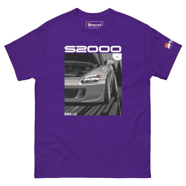 A purple Honda S2000 Men's Graphic T-shirt featuring the iconic S2000 design.