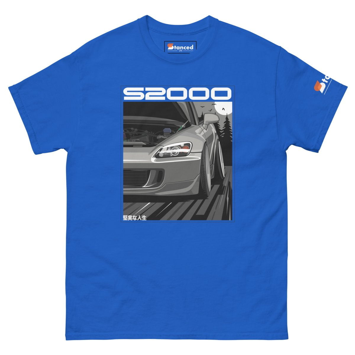 An eye catching Honda S2000 Mens Graphic T shirt featuring the iconic Honda S2000 design on a vibrant blue background | StancedLife