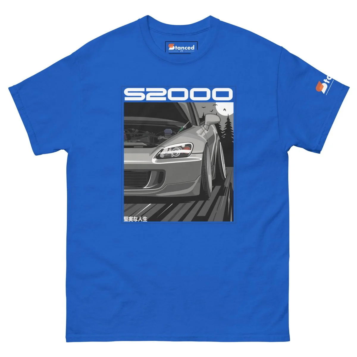 An eye-catching Honda S2000 Men's Graphic T-shirt featuring the iconic Honda S2000 design on a vibrant blue background.