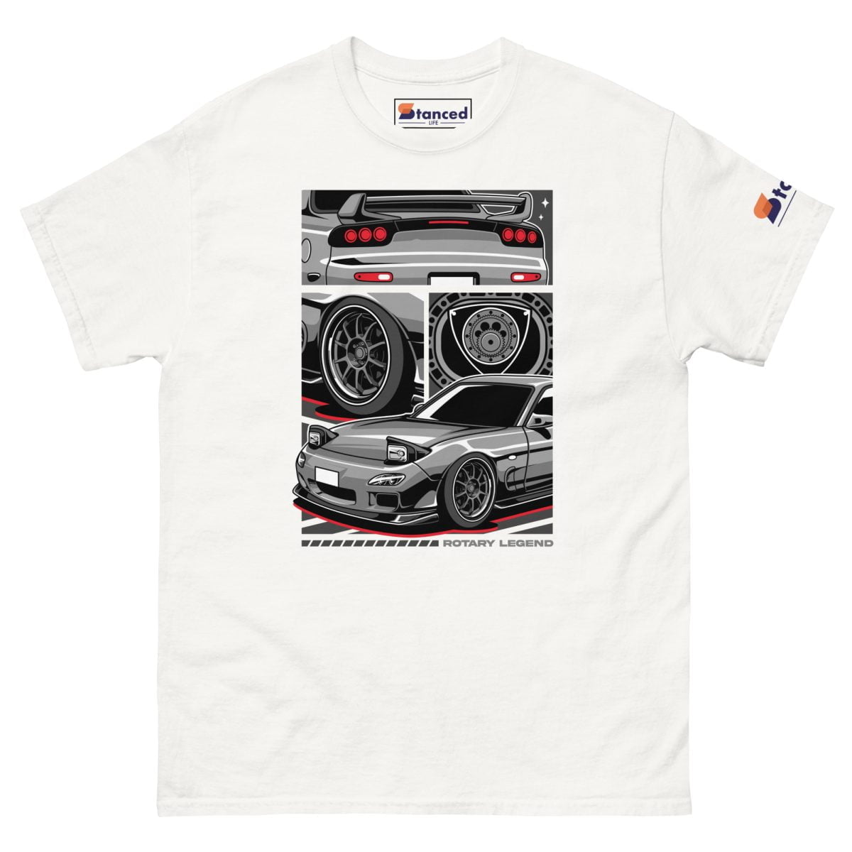 A white Mazda RX7 Car T Shirt Rotary Legend Mens featuring an image of a Mazda RX7 | StancedLife