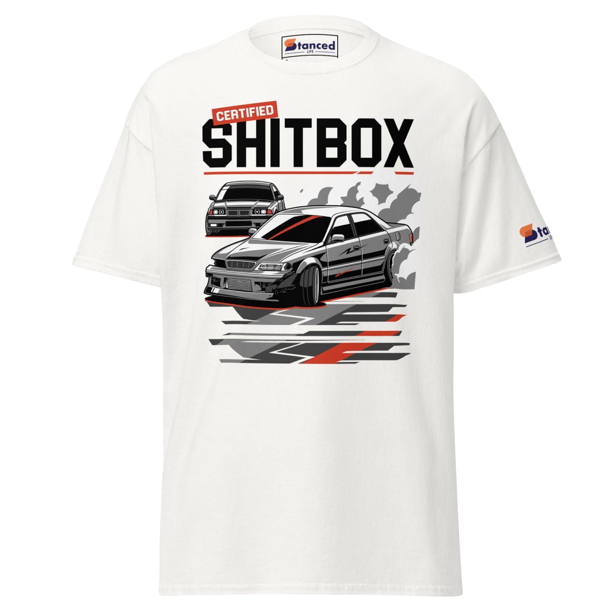 A white E36 BMW JDM JZX100 Toyota Chaser Drifting Mens T shirt Certified Shitbox | StancedLife