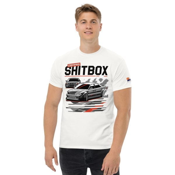 A man wearing a white t-shirt that says E36 BMW & JDM JZX100 Toyota Chaser Drifting Men's T-shirt "Certified Shitbox".