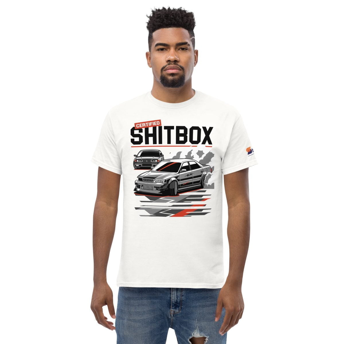 A man wearing a white t shirt drifts in an E36 BMW JDM JZX100 Toyota Chaser Drifting Mens T shirt Certified Shitbox | StancedLife
